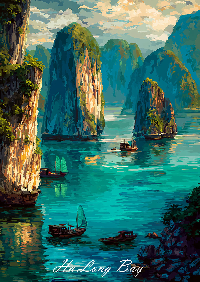 Beautiful Ha Long Bay landscape artwork featuring towering cliffs and tranquil waters.